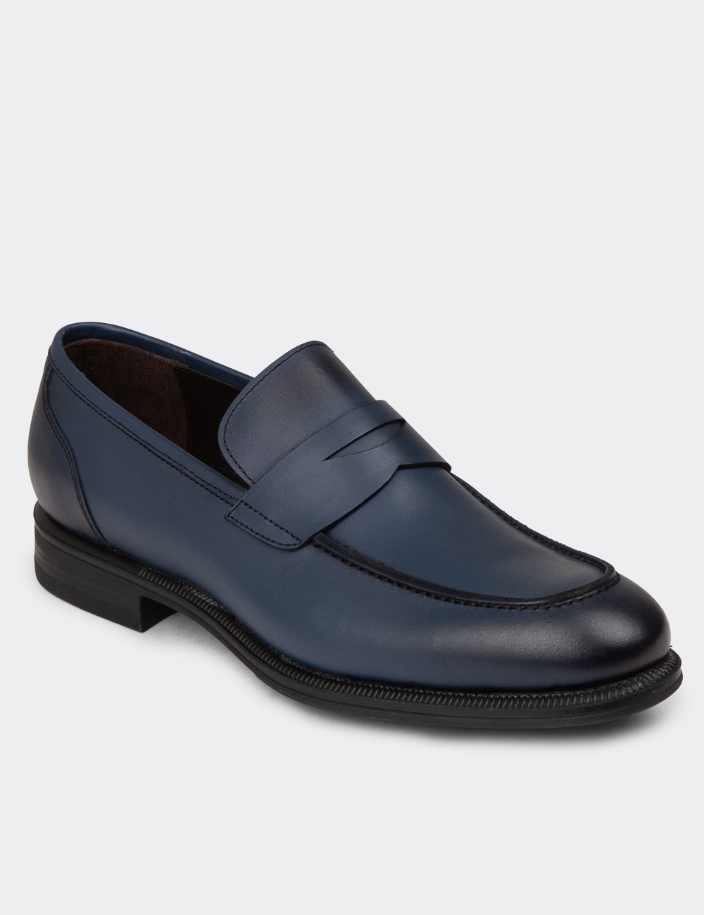 Men's Navy Leather Loafers - 01995MLCVC01