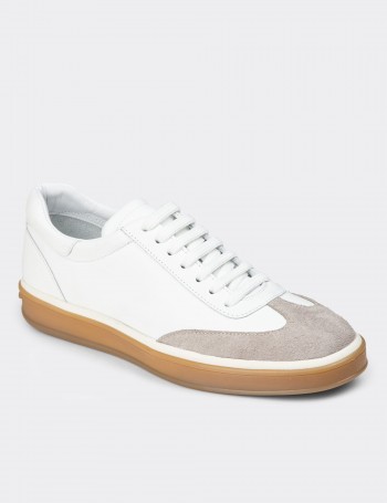 Men's White Leather Lace-up Shoes