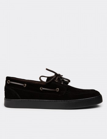 Men's Black Suede Leather Lace-Up Boat Shoes