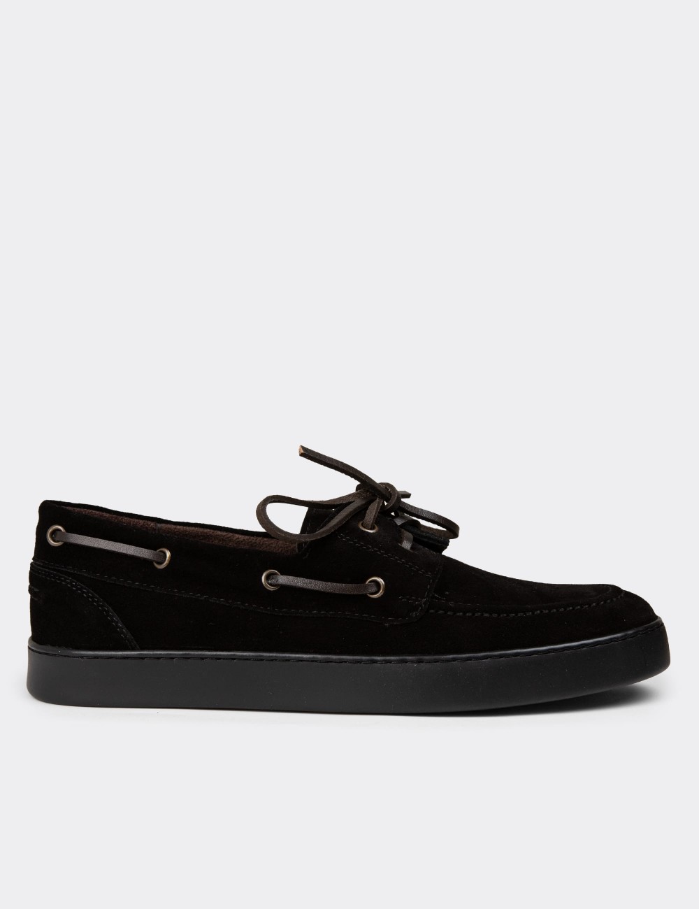 Men's Black Suede Leather Lace-Up Boat Shoes - 01952MSYHC05