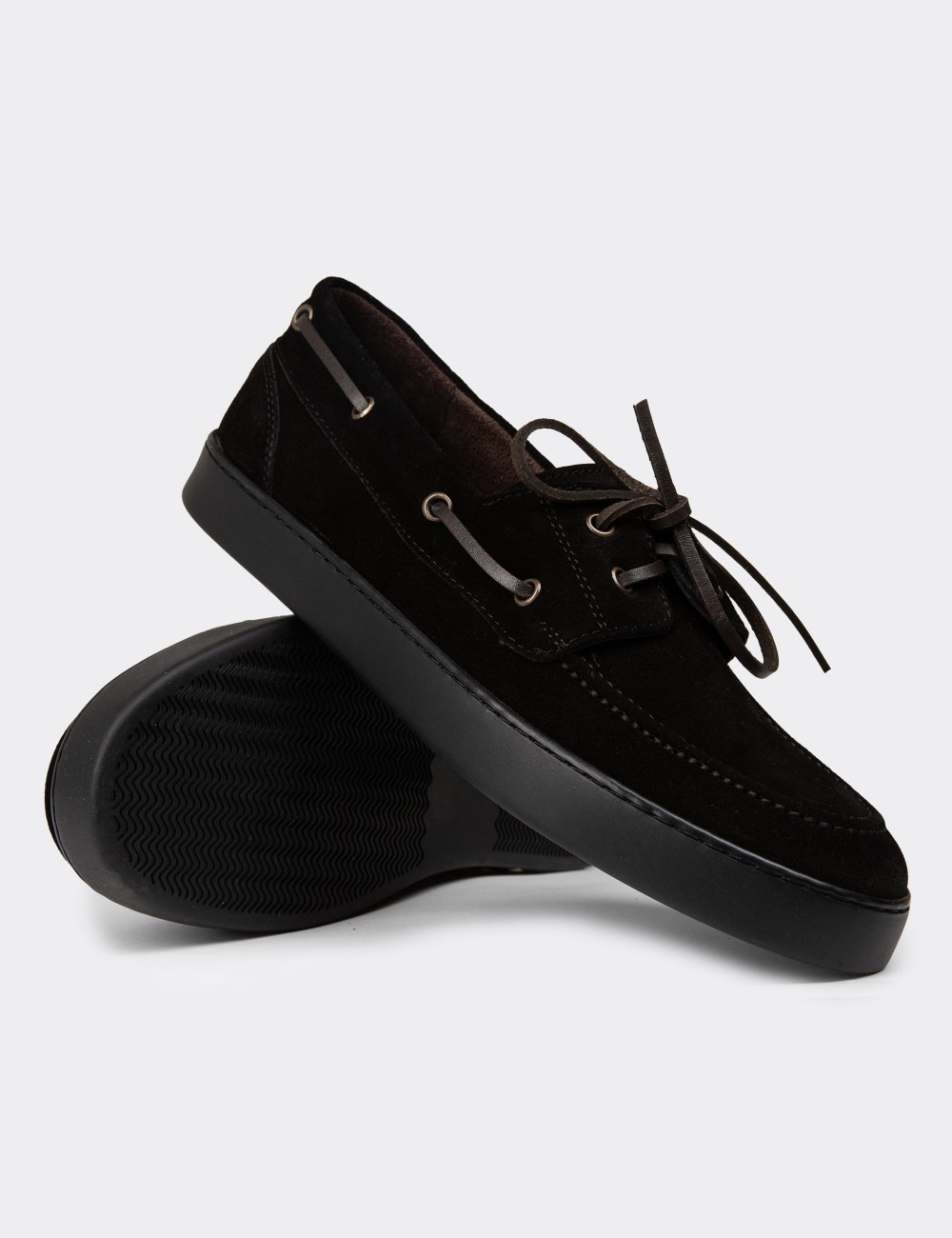 Men's Black Suede Leather Lace-Up Boat Shoes - 01952MSYHC05
