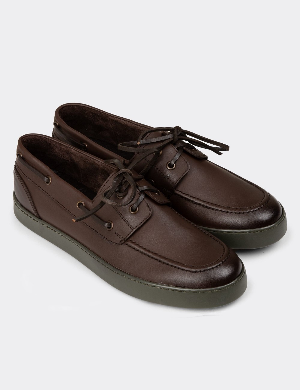 Men's Brown Leather Lace-up Nautical Shoes - 01952MKHVC05