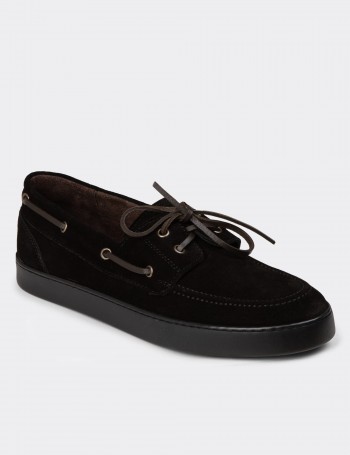 Men's Black Suede Leather Lace-Up Boat Shoes