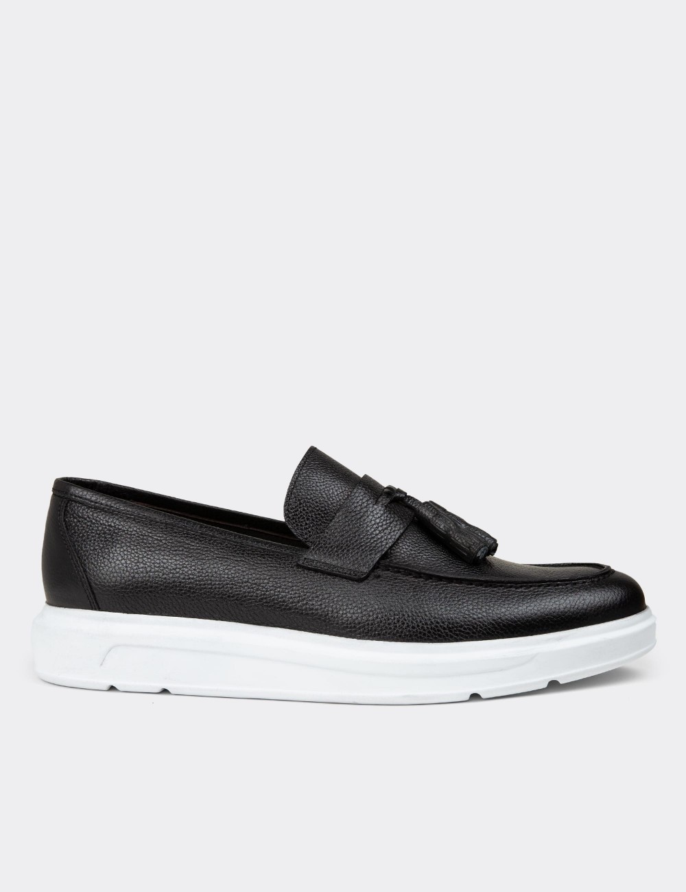 Men's Black Leather Loafer Shoes - 01587MSYHP15