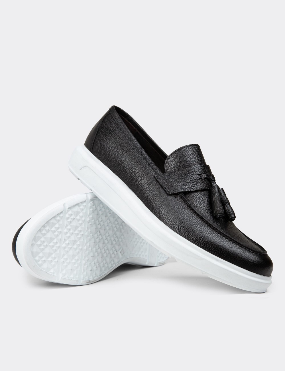 Men's Black Leather Loafer Shoes - 01587MSYHP15