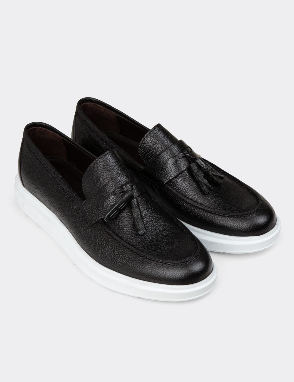 Men's Black Leather Loafer Shoes - 01587MSYHP15