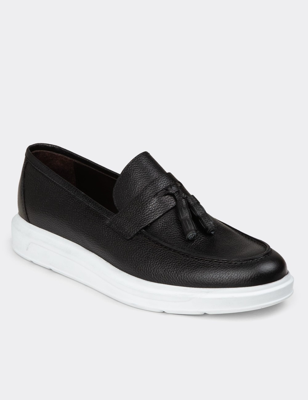 Men's Black Leather Loafer Shoes - 01587MSYHP15