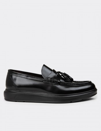 Men's Black Leather Loafers - 02001MSYHP01