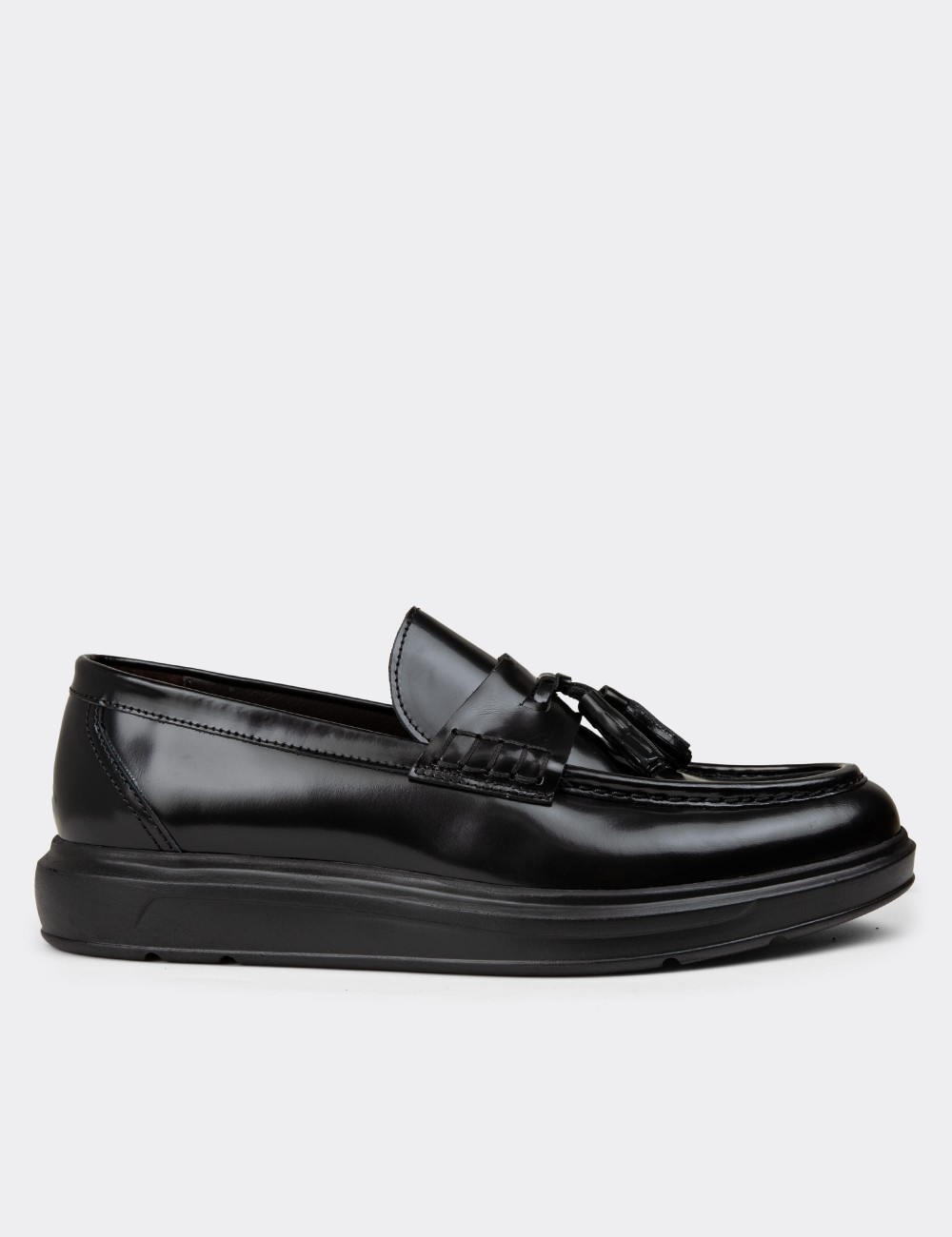 Men's Black Leather Loafers - 02001MSYHP01