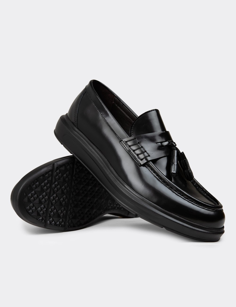 Men's Black Leather Loafers - 02001MSYHP01