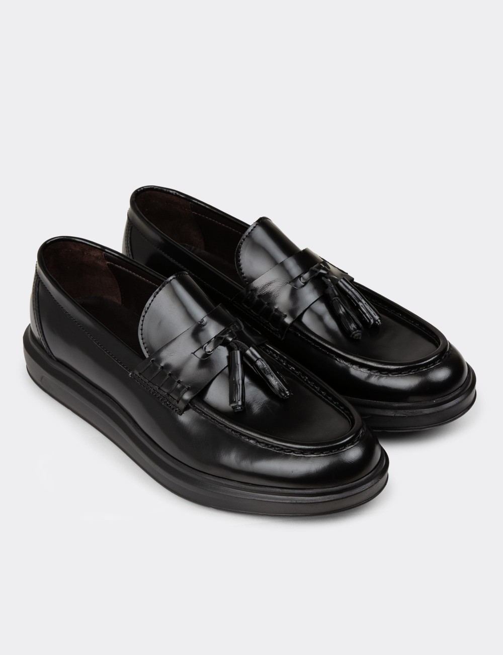 Men's Black Leather Loafers - 02001MSYHP01