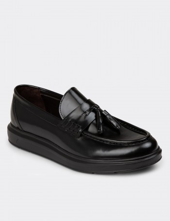 Men's Black Leather Loafers - 02001MSYHP01