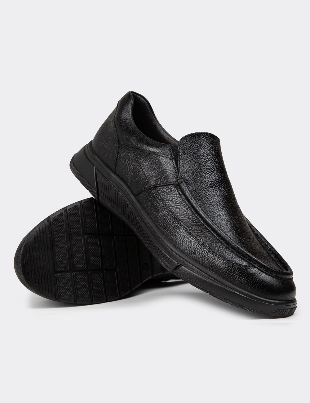 Men's Black Leather Slip-On Shoes - 01999MSYHC01