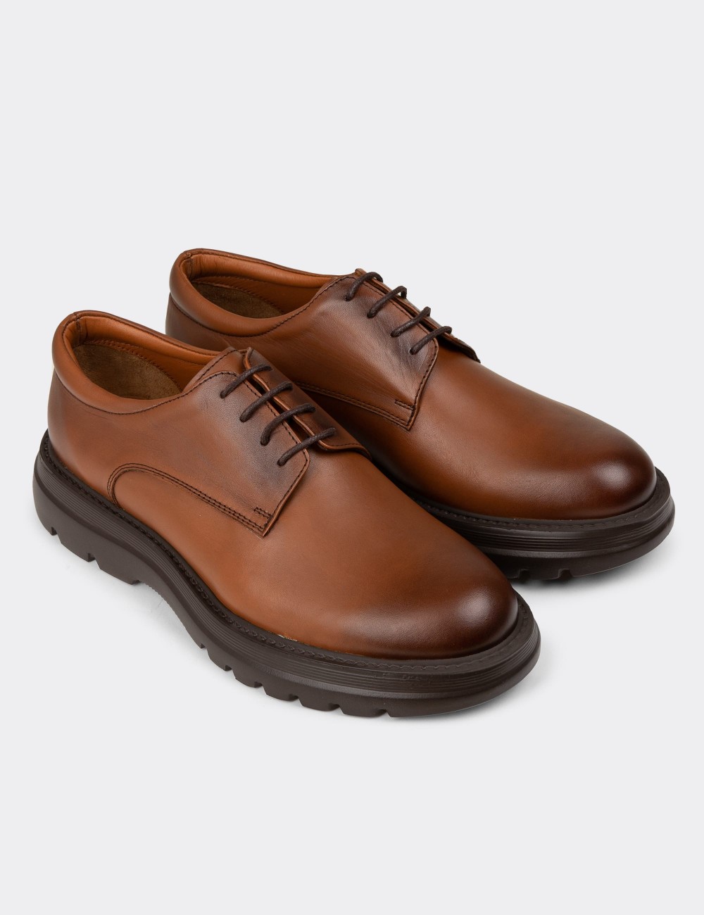 Men's Tan Leather Lace-up Shoes - 01934MTBAE01