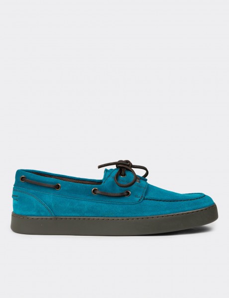 Men's Turquoise Suede Leather Lace-up Boat Shoes