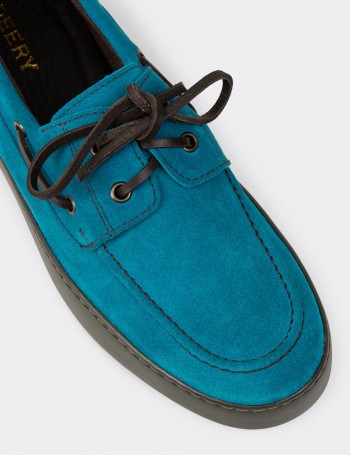 Men's Turquoise Suede Leather Lace-up Boat Shoes