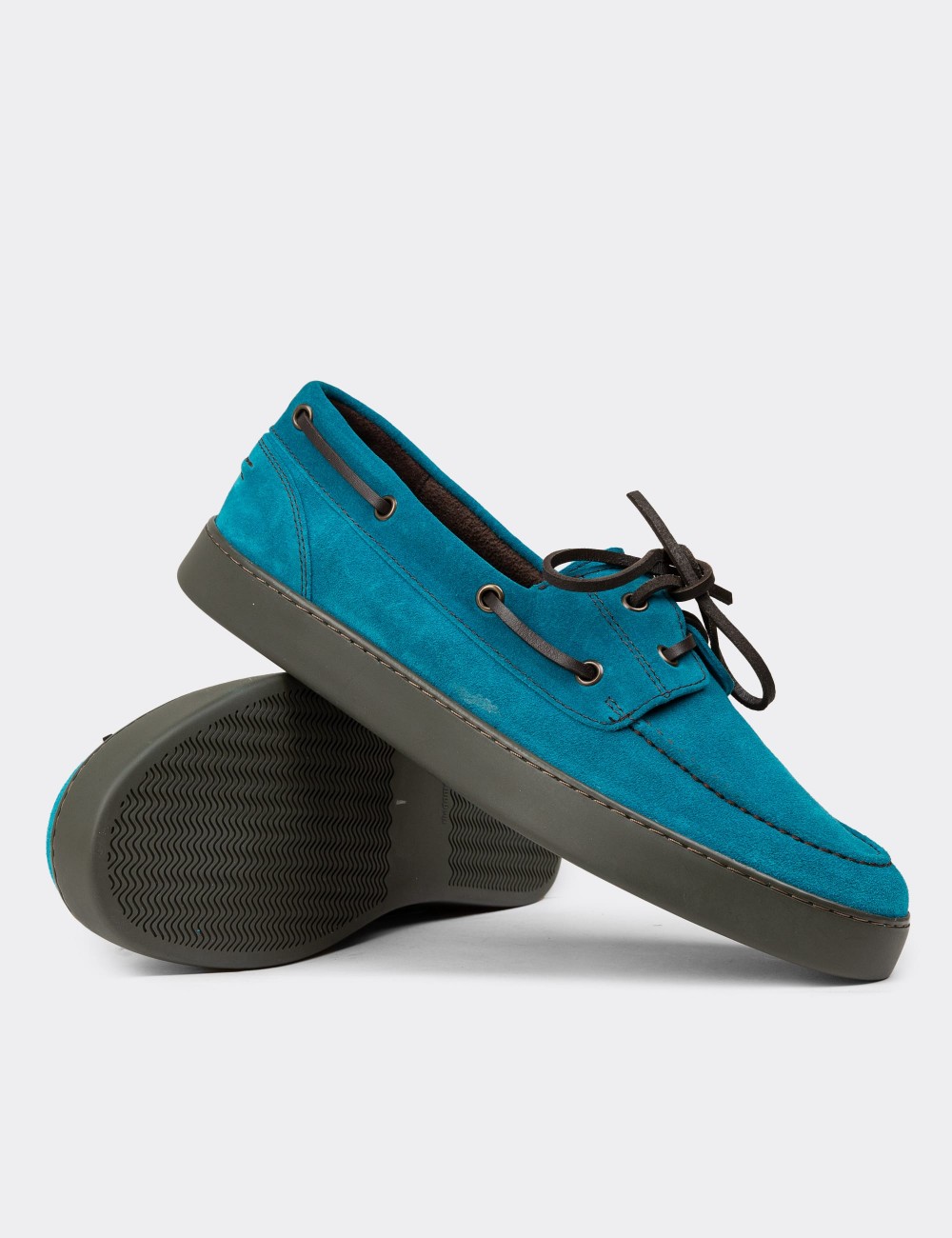 Men's Turquoise Suede Leather Lace-up Boat Shoes - 01952MTRKC01