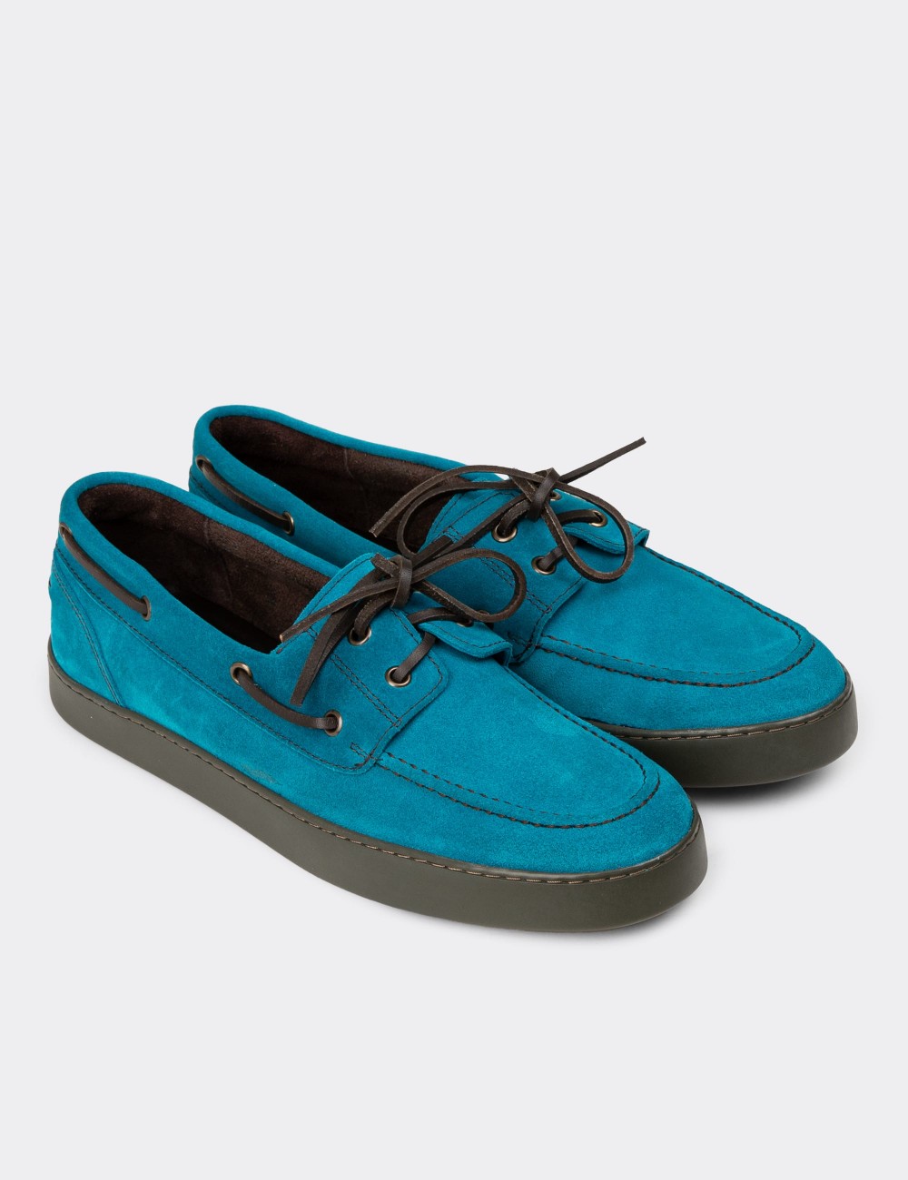 Men's Turquoise Suede Leather Lace-up Boat Shoes - 01952MTRKC01