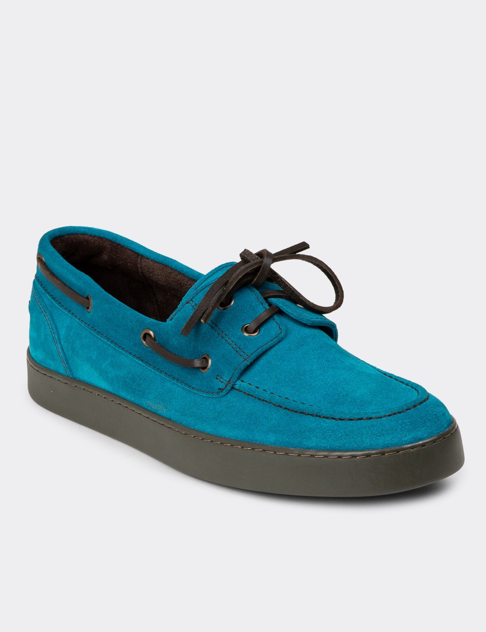 Men's Turquoise Suede Leather Lace-up Boat Shoes - 01952MTRKC01