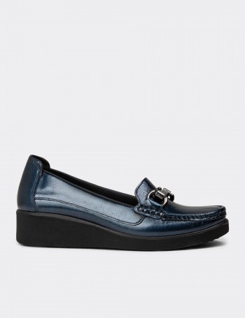 Women's Navy Leather Slip-On Shoe