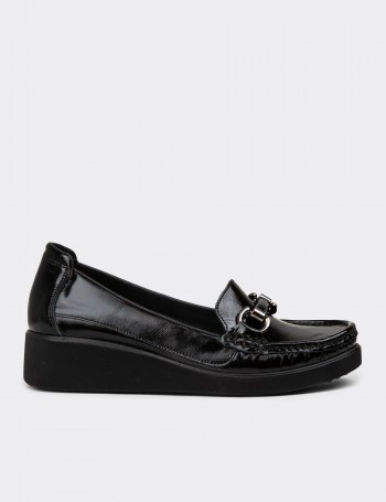 Women's Black Leather Slip-On Shoes