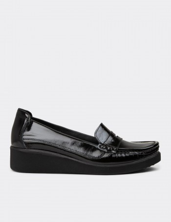 Women's Black Leather Slip-On Shoes