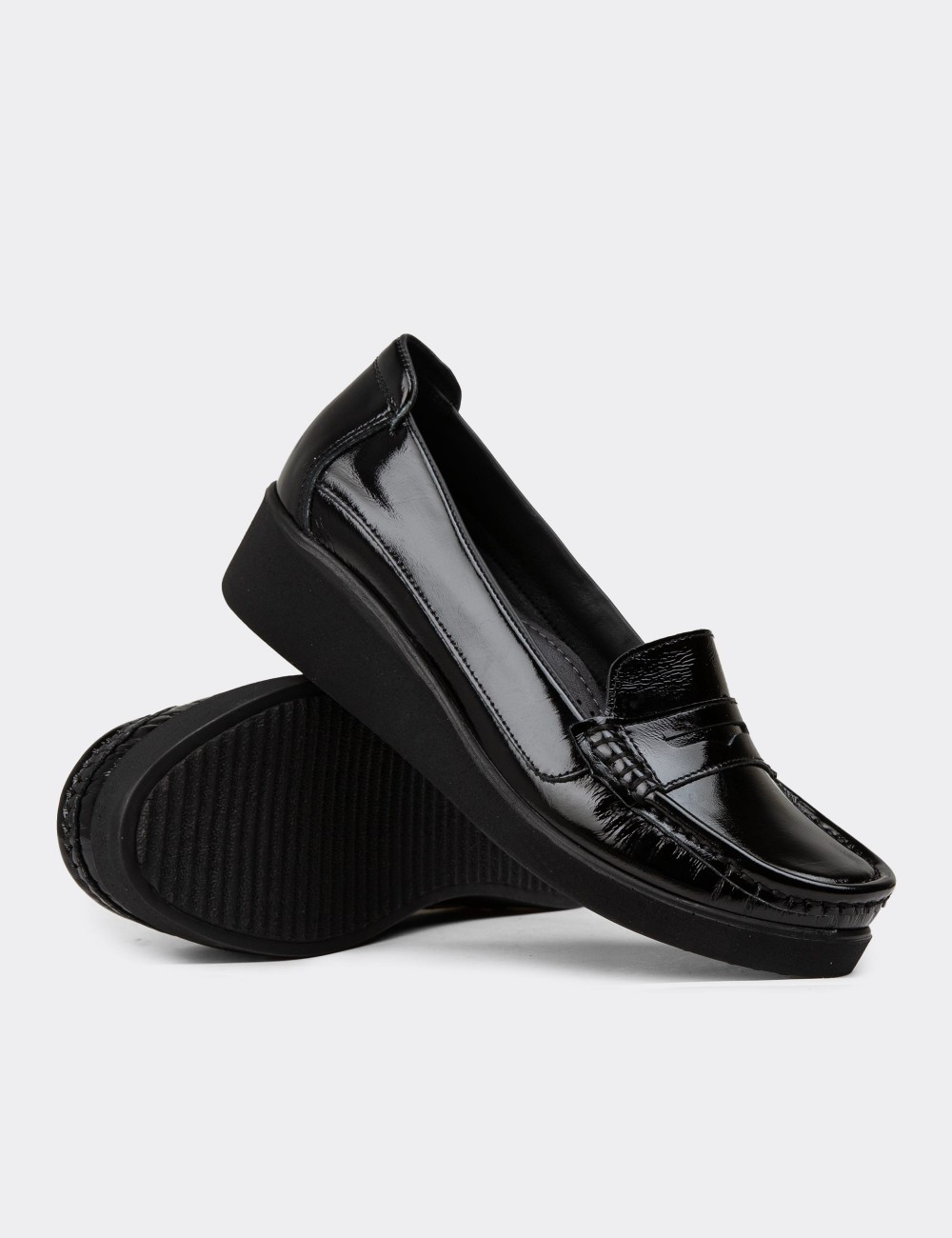Women's Black Leather Slip-On Shoes - DLV01ZSYHC01