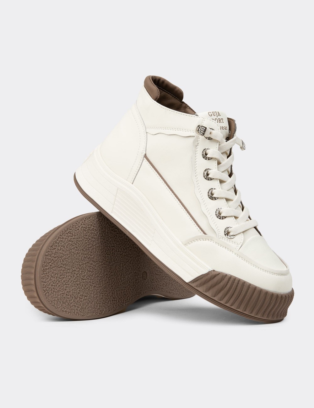 Women's High-Top White Leather Sneakers - 25334ZBYZC01 Women's High-Top White Leather Sneakers - 25334ZBYZC01
