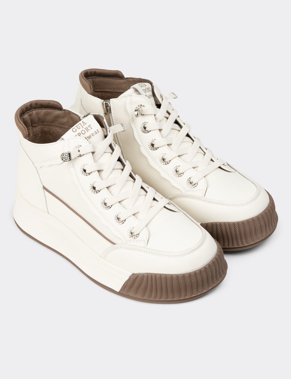 Women's High-Top White Leather Sneakers - 25334ZBYZC01 Women's High-Top White Leather Sneakers - 25334ZBYZC01