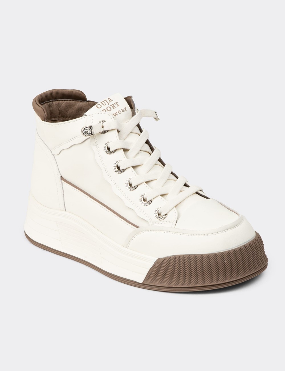 Women's High-Top White Leather Sneakers - 25334ZBYZC01 Women's High-Top White Leather Sneakers - 25334ZBYZC01