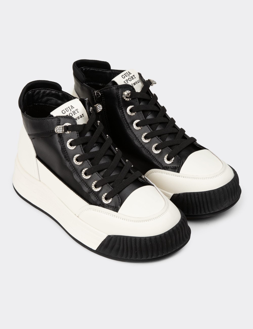 Women's High Top Black Leather Sneakers - 25334ZSYHC01
