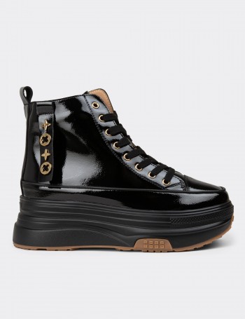 Women's Black Glossy High Top Sneakers