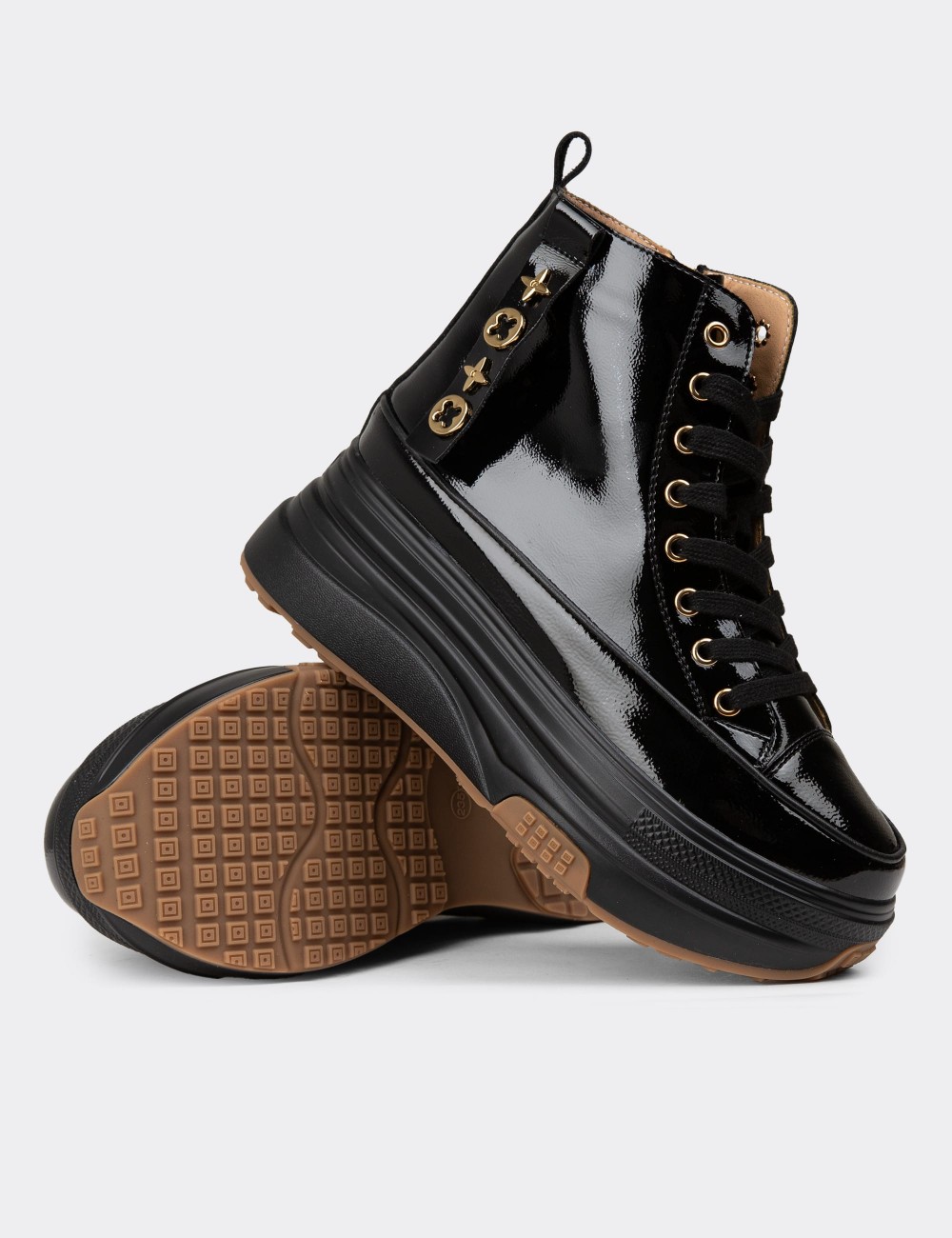Women's Black Glossy High Top Sneakers - 25336ZSYHC01