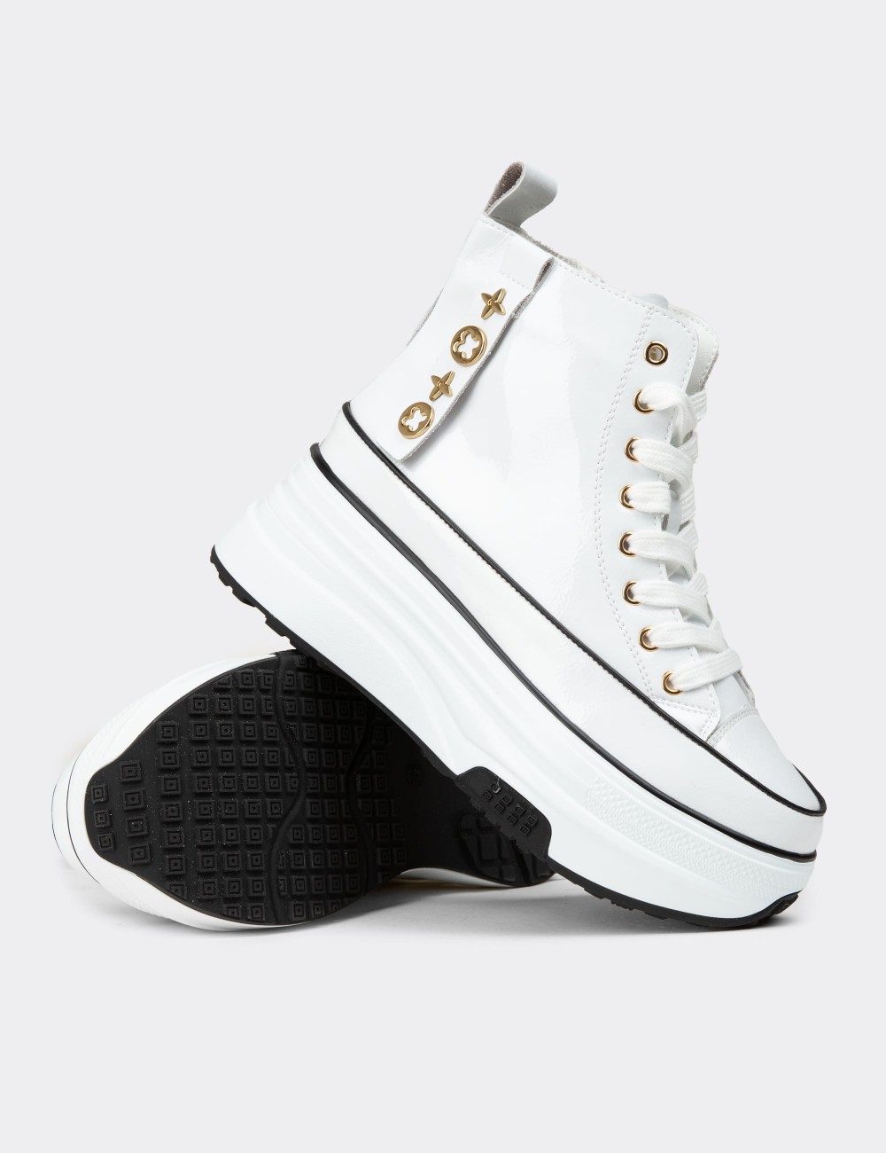 Women's White Glossy High-Top Sneakers - 25336ZBYZC01