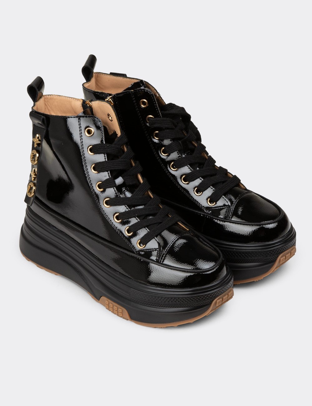 Women's Black Glossy High Top Sneakers - 25336ZSYHC01