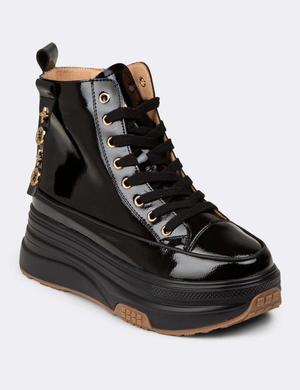 Women's Black Glossy High Top Sneakers - 25336ZSYHC01
