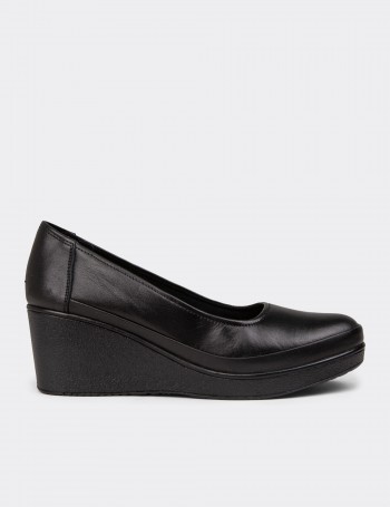 Women's Black Leather Wedge Shoes
