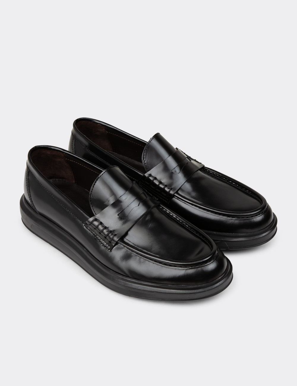 Men's Black Leather Loafers - 02000MSYHP01