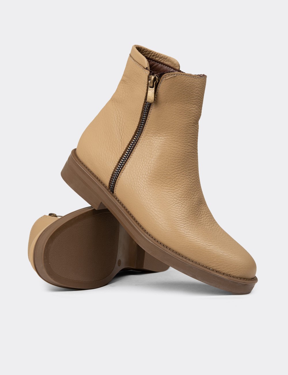 Women's Beige Leather Ankle Boots - Z1584ZBEJC01