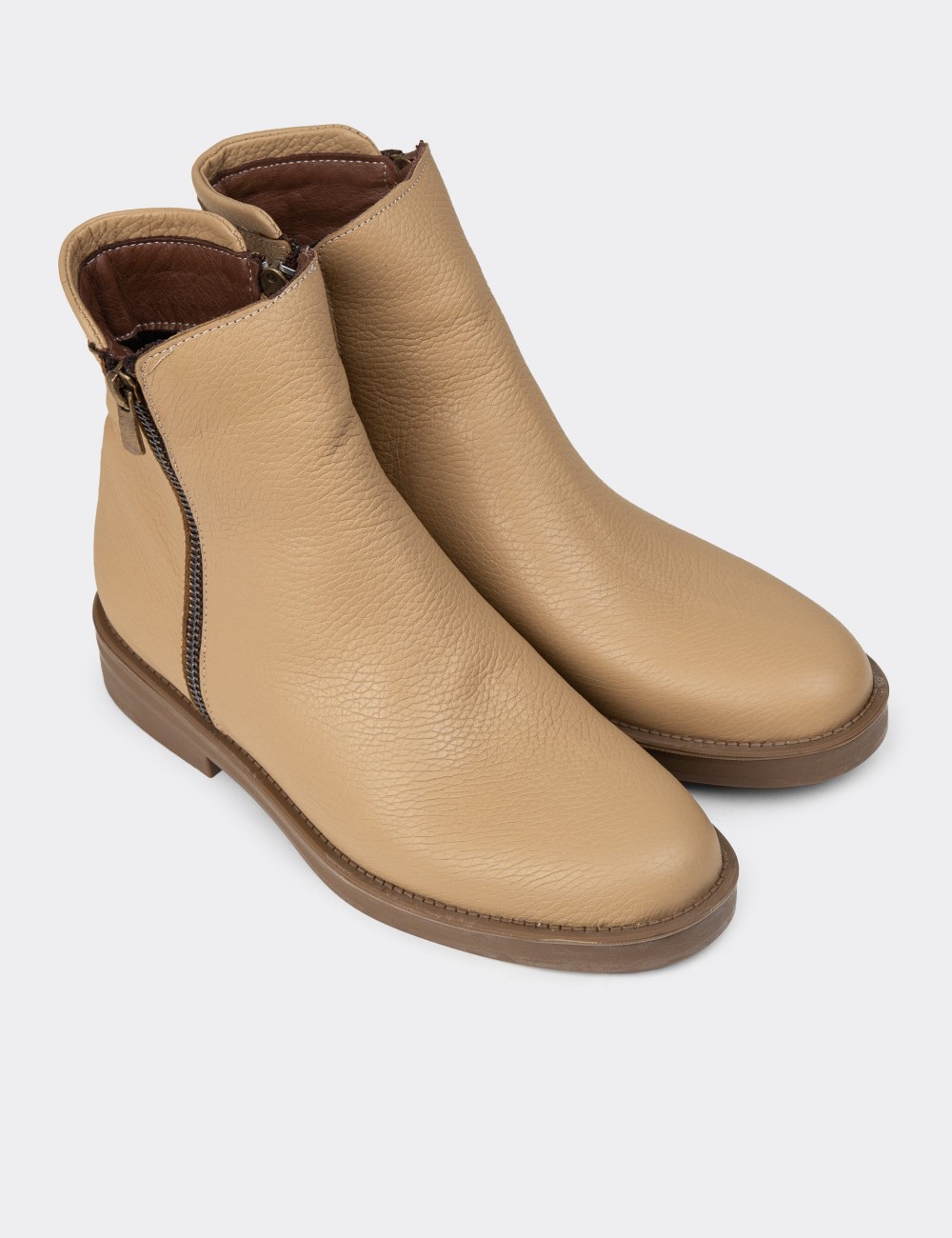Women's Beige Leather Ankle Boots - Z1584ZBEJC01