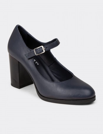 Women's Navy Leather Mary Jane Shoes