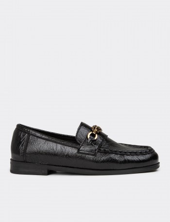 Women's Black Patent Buckled Moccasins