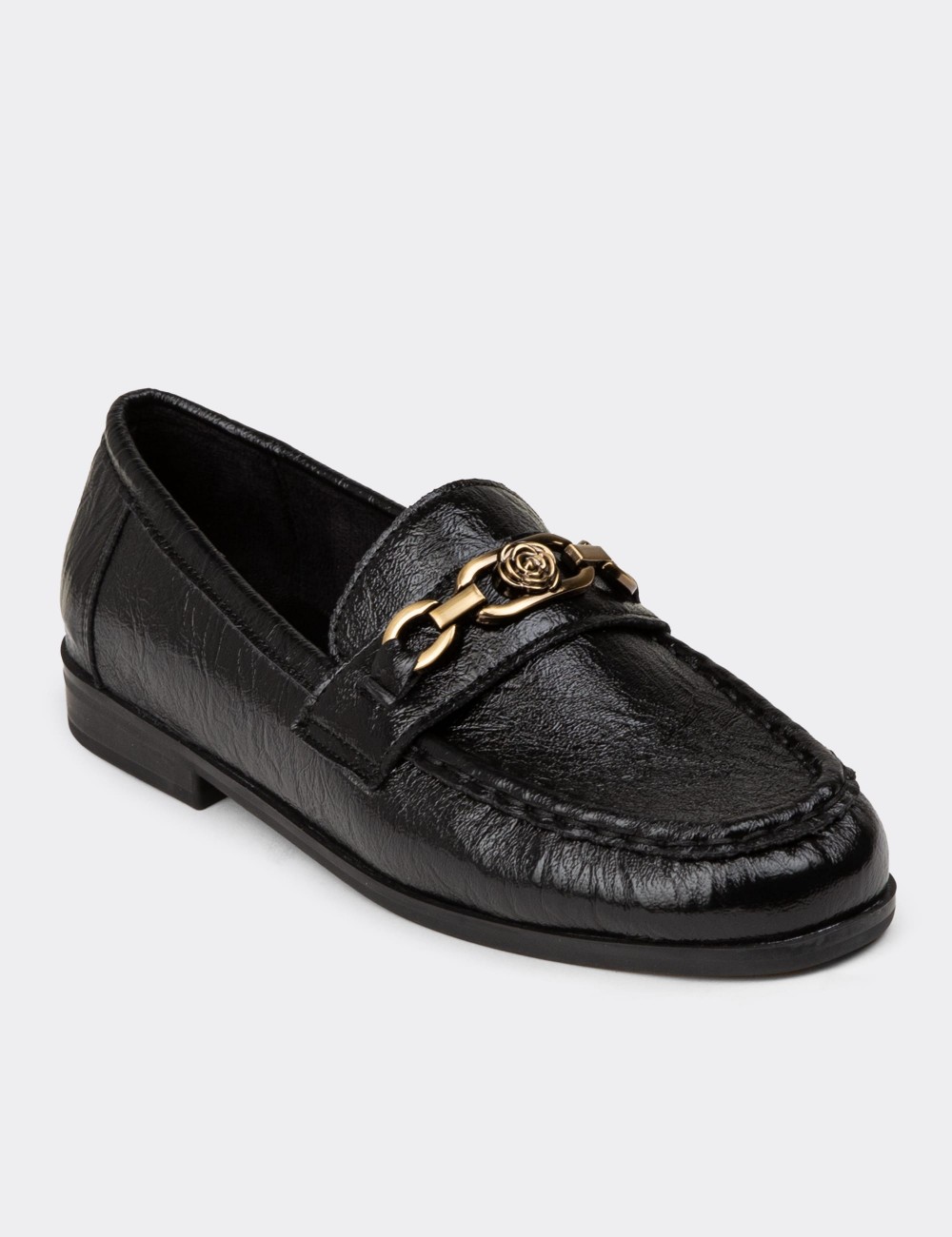 Women's Black Patent Buckled Moccasins - K0003ZSYHC01