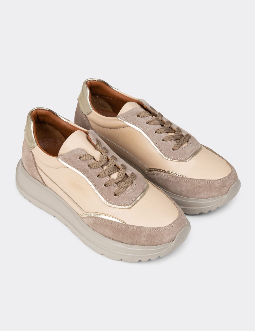 Women's Beige Leather Sneakers - M0509ZBEJE01