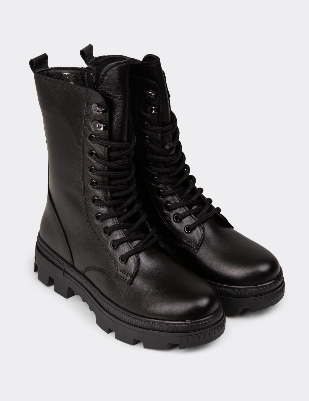 Women's Black Leather Postal Boots - SE491ZSYHE01