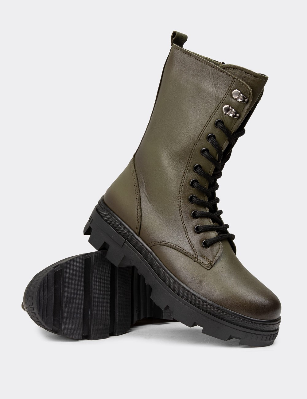 Women's Green Leather Postal Boots - SE491ZHAKE01