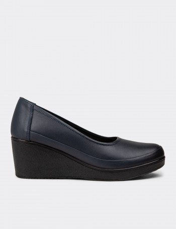 Women's Navy Leather Wedge Loafers