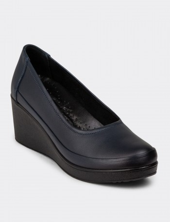 Women's Navy Leather Wedge Loafers