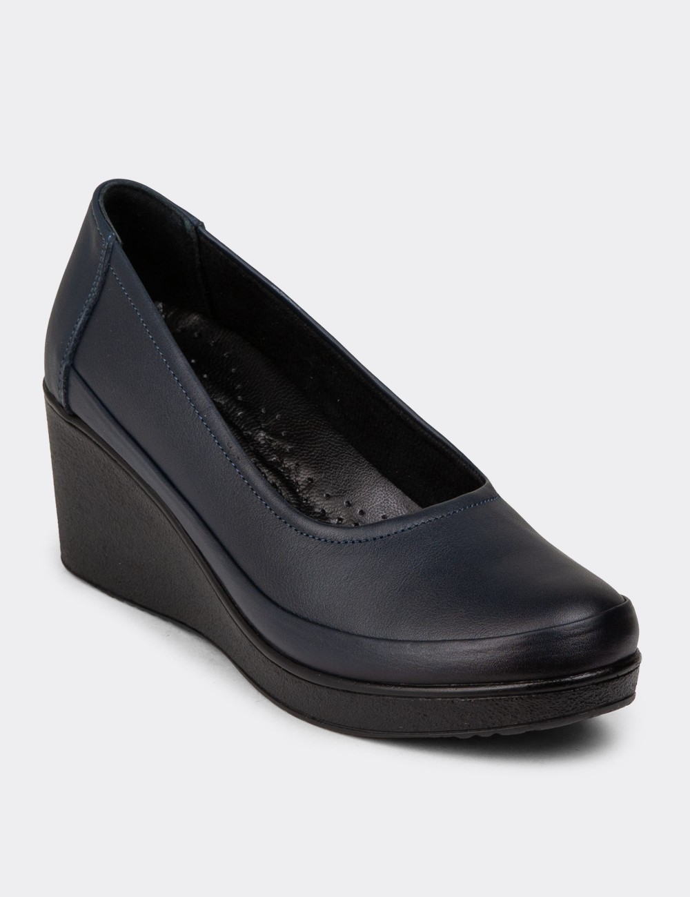 Women's Navy Leather Wedge Loafers - N6002ZLCVC01