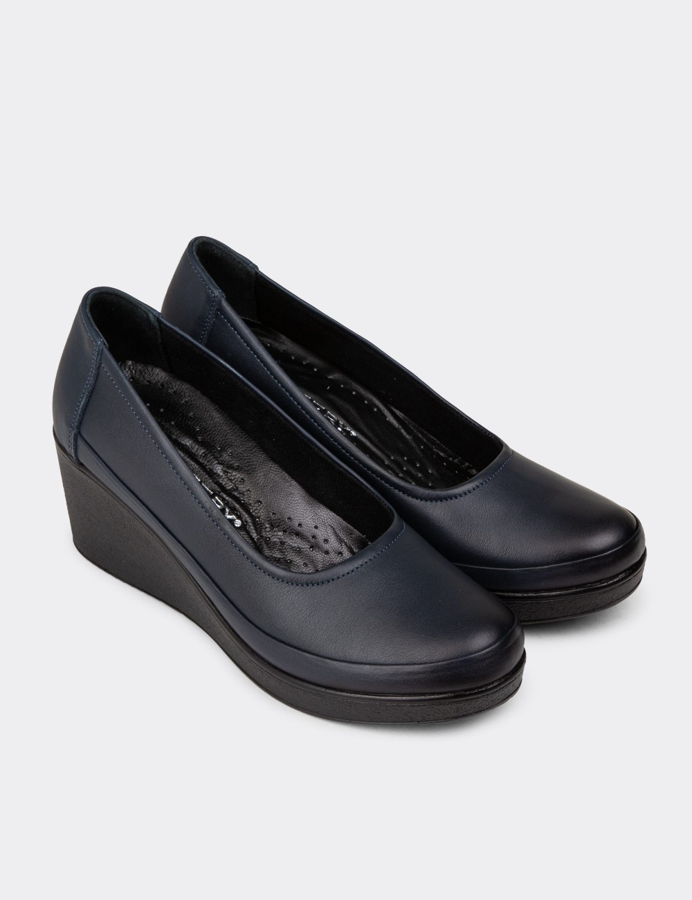 Women's Navy Leather Wedge Loafers - N6002ZLCVC01